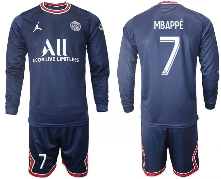 2022 Paris Saint-Germain Heim Langarm mit Aufdruck Mbappé 7 + Kurze Hosen dunkelblau