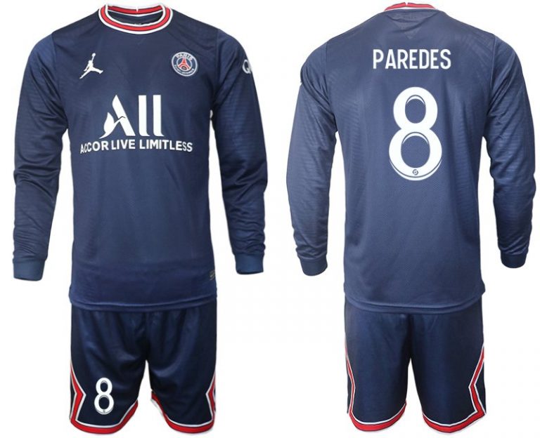 2022 Paris Saint-Germain Heim Langarm mit Aufdruck Paredes 8 + Kurze Hosen dunkelblau
