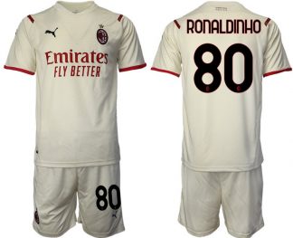 Auswärtstrikot AC Mailand 2021/22 beige-rot Kurzarm + Kurze Hosen mit Aufdruck Ronaldinho 80