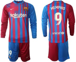FC Barcelona Memphis Depay 9# Home 2021/22 Fußball Trikot Langarm + Kurze Hosen