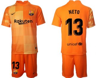 NETO 13 FC Barcelona Torwarttrikot 2021/2022 in Orange Trikotsatz Kurzarm + Kurze Hosen