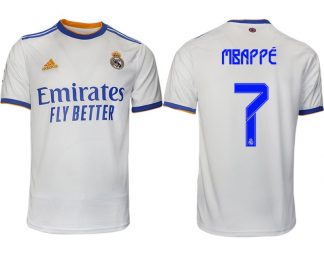 Real Madrid Heimtrikot 2022 weiß blau mit Aufdruck Mbappé 7
