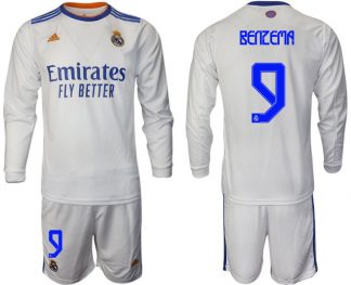 Real Madrid Heimtrikot 2022 weiß Langarm Trikotsatz mit Aufdruck Benzema 9