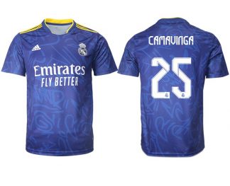 Real Madrid Herren Auswärtstrikot 2022 blau/weiß mit Aufdruck Camavinga 25