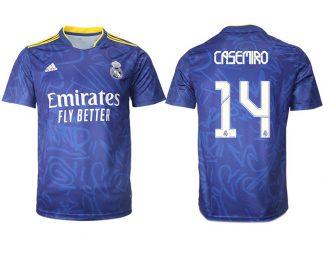 Real Madrid Herren Auswärtstrikot 2022 blau/weiß mit Aufdruck Casemiro 14