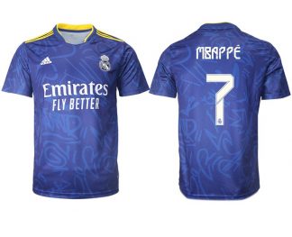 Real Madrid Herren Auswärtstrikot 2022 blau/weiß mit Aufdruck Mbappé 7