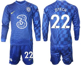 Chelsea FC Heimtrikot 2022 Lange Ärmel Trikotsatz in blau mit Aufdruck Ziyech 22