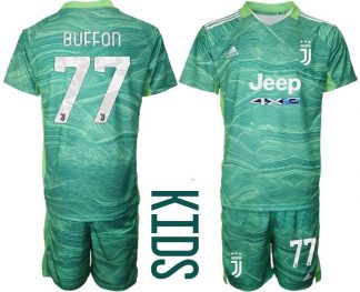Juventus Turin Kinder Torwarttrikot Heim 2021/22 in Grün mit Aufdruck Buffon 77
