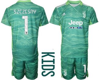 Juventus Turin Kinder Torwarttrikot Heim 2021/22 in Grün mit Aufdruck Szczesny 1
