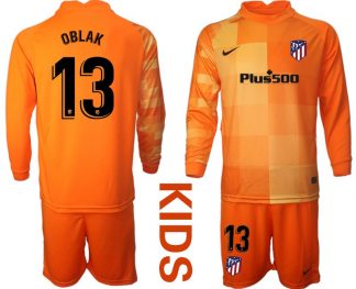 Kinder Atlético Madrid Torwarttrikot Trikotsatz Langarm in Orange mit Aufdruck OBLAK 13