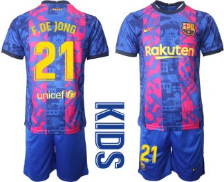 Kinder Ausweichtrikot Blaue T-Shirt Barcelona 2021/22 Drittes Trikot mit Aufdruck F.DE JONG 21