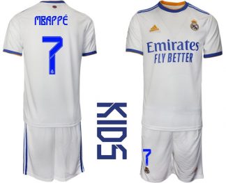 Kinder Heimtrikot Real Madrid Home Trikot weiss blau 2021/22 mit Aufdruck Mbappé 7