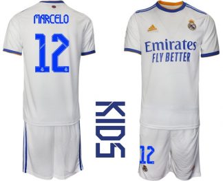 Kinder Junior Fussballtrikot Real Madrid 2021/22 Heimtrikot weiss blau mit Aufdruck Marcelo 12