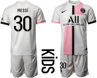 Kinder Paris Saint Germain PSG Auswärtstrikot 2021-22 weiß mit Aufdruck MESSI 30