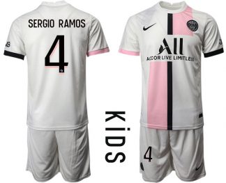 Kinder Paris Saint Germain PSG Auswärtstrikot 2021-22 weiß mit Aufdruck Sergio Ramos 4