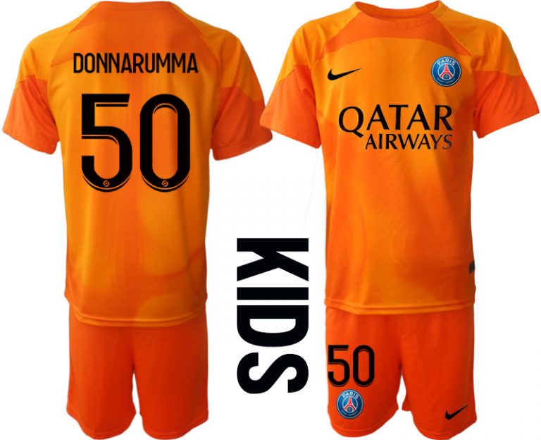 Kinder Paris Saint Germain PSG Torwarttrikot in orange mit Aufdruck DONNARUMMA 50