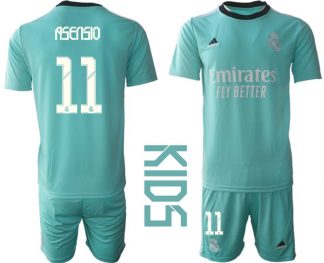 Kinder Real Madrid 2021/22 Mini Kit 3rd Trikot türkis/weiß mit Aufdruck Asensio 11