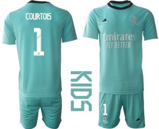 Kinder Real Madrid 2021/22 Mini Kit 3rd Trikot türkis/weiß mit Aufdruck Courtois 1