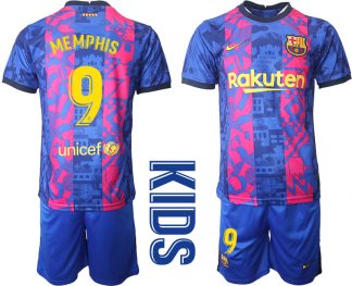 Kinder T-Shirt Barcelona 2021/22 Ausweichtrikot Blaue mit Aufdruck Memphis 9