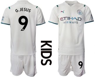 Manchester City 2022 Auswärtstrikot weiß für Kinder Mit G.Jesus 9 Aufdruck
