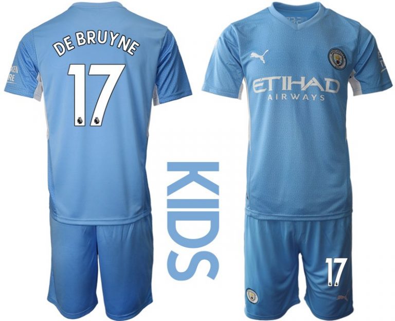 Manchester City Kinder Heim Trikot 2022 hellblau/weiß mit Aufdruck De Bruyne 17