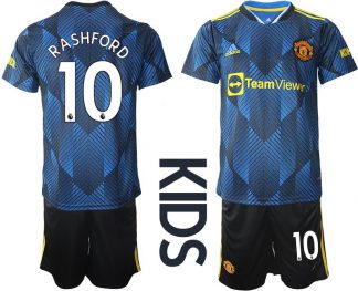 Manchester United Ausweichtrikot blau 2022 für Kinder mit Aufdruck Rashford 10