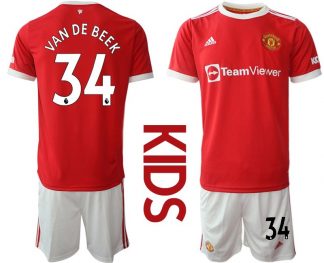 Manchester United Cup Heimtrikot 2022 für Kinder in rot mit Aufdruck VAN DE BEEK 34