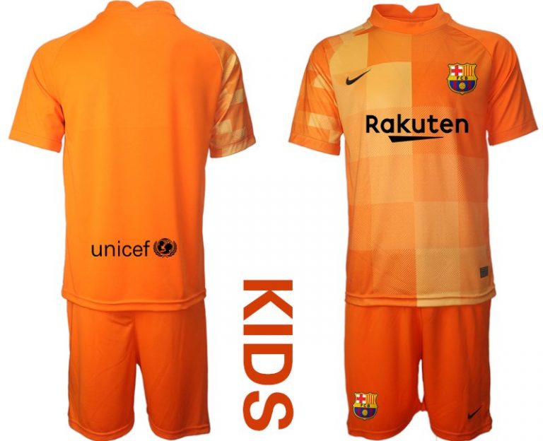 Personalisierbar FC Barcelona Torwarttrikot orange Kinder Trikotsatz Kurzarm + Kurze Hosen