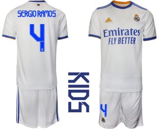 Real Madrid 2021/22 Heimtrikot Kinder Junior weiss blau mit Aufdruck Sergio Ramos 4