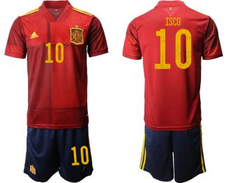 ISCO 10 Spanien EM 2020 Heimtrikots Rot und Gelb Kurzarm + Marineblau Kurze Hosen