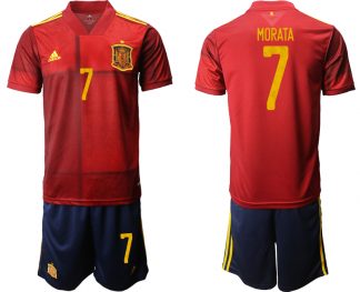 MORATA 7 Spanien EM 2020 Heimtrikots Rot und Gelb Kurzarm + Marineblau Kurze Hosen