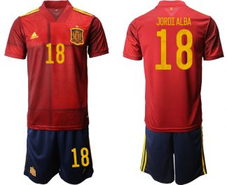 Spanien EM 2020 Heimtrikots Rot und Gelb Kurzarm + Marineblau Kurze Hosen JORDI ALBA 18