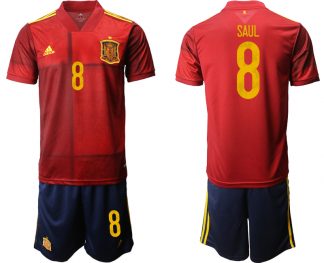 Spanien EM 2020 Heimtrikots Rot und Gelb Kurzarm + Marineblau Kurze Hosen SAUL 8