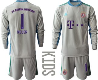 Bayern Munich Torwart Kindertrikot für draußen Grau Trikotsatz Langarm + Kurze Hosen NEUER #1
