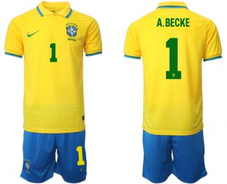 Brasilien 2022 WM Heimtrikots Gelb Trikotsatz Kurzarm + Kurze Hosen Blau A.BECKE 1