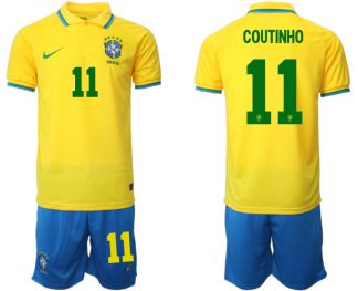 Brasilien 2022 WM Heimtrikots Gelb Trikotsatz Kurzarm + Kurze Hosen COUTINHO 11