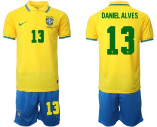 Brasilien 2022 WM Heimtrikots Gelb Trikotsatz Kurzarm + Kurze Hosen DANIEL ALVES 13