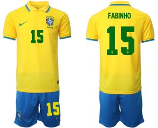 Brasilien 2022 WM Heimtrikots Gelb Trikotsatz Kurzarm + Kurze Hosen FABINHO 15
