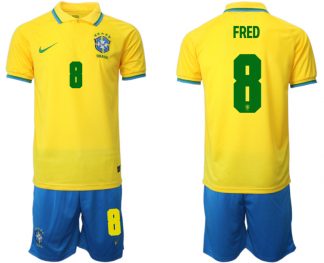 Brasilien 2022 WM Heimtrikots Gelb Trikotsatz Kurzarm + Kurze Hosen FRED 8