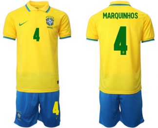 Brasilien 2022 WM Heimtrikots Gelb Trikotsatz Kurzarm + Kurze Hosen MARQUINHOS 4