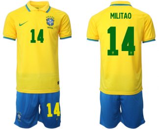 Brasilien 2022 WM Heimtrikots Gelb Trikotsatz Kurzarm + Kurze Hosen MILITAO 14