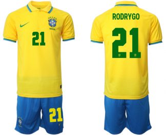 Brasilien 2022 WM Heimtrikots Gelb Trikotsatz Kurzarm + Kurze Hosen RODRYGO 21