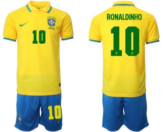 Brasilien 2022 WM Heimtrikots Gelb Trikotsatz Kurzarm + Kurze Hosen RONALDINHO 10