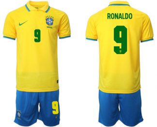 Brasilien 2022 WM Heimtrikots Gelb Trikotsatz Kurzarm + Kurze Hosen RONALDO 9