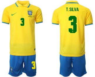 Brasilien 2022 WM Heimtrikots Gelb Trikotsatz Kurzarm + Kurze Hosen T.SILVA 3
