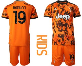 Günstige Fussballtrikot Juventus Turin 20-21 Ausweichtrikot Orange Schwarz Kinder Trikotsatz #BONUCCI 19
