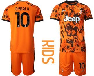 Günstige Fussballtrikot Juventus Turin 20-21 Ausweichtrikot Orange Schwarz Kinder Trikotsatz DYBALA #10