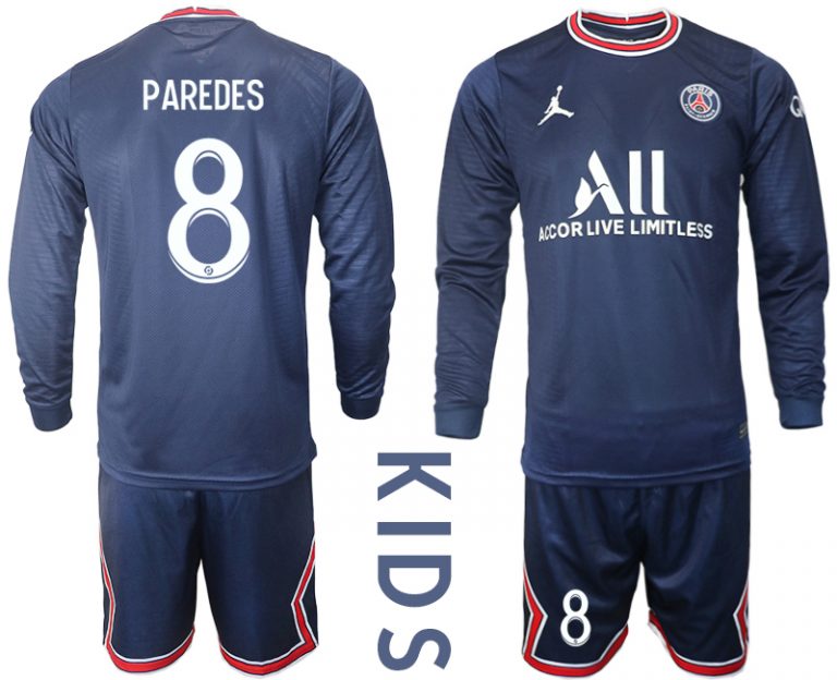 Kinder Fußballtrikots Paris St. Germain Trikot Home 2021/22 Blau mit Aufdruck PAREDES 8