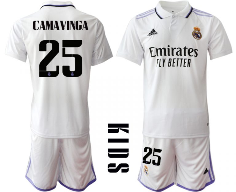 Kinder Heimtrikot Real Madrid Home Trikot weiß lila 2022/23 mit Aufdruck CAMAVINGA 25