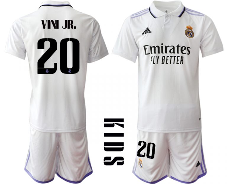 Kinder Heimtrikot Real Madrid Home Trikot weiß lila 2022/23 mit Aufdruck VINI JR.20